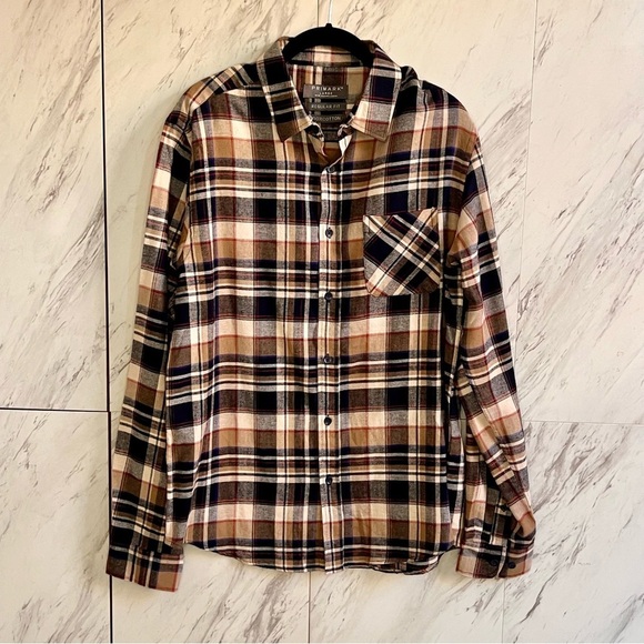 4/$30 Primark Vintage Flannel Tartan Plaid Long Sleeve Cotton Button Up Shirt L - Picture 2 of 6
